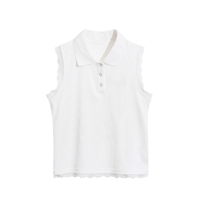 White Sleeveless Polo Tank with Lace Trim