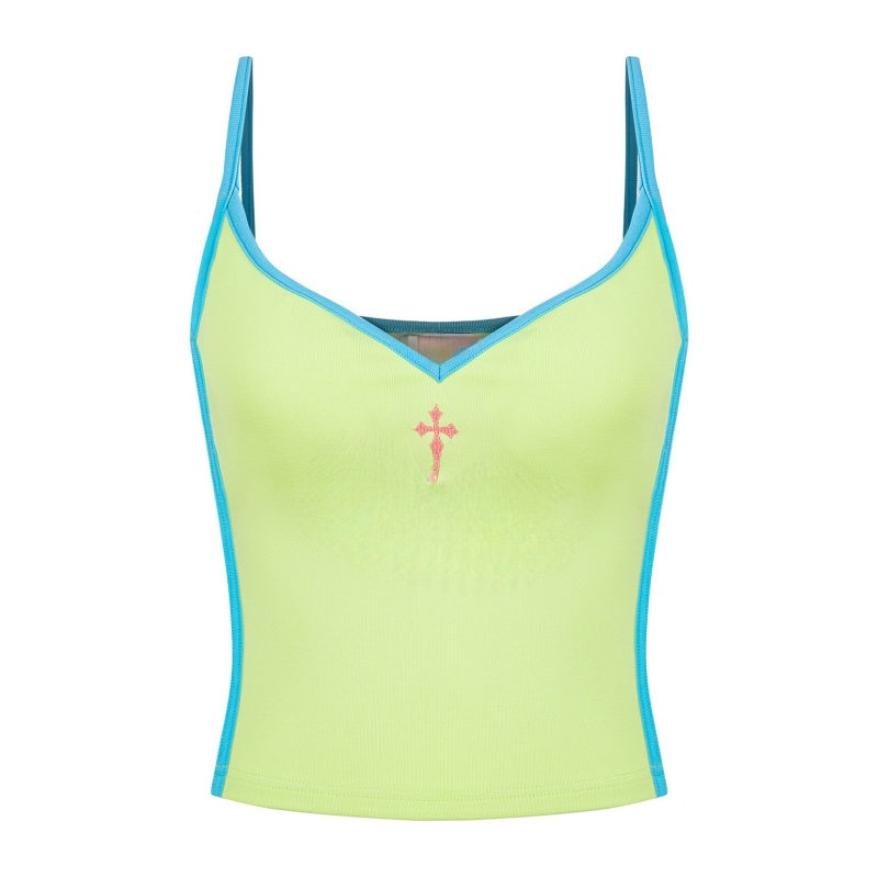 Blue and Green Color-Block Slim-Fit Cropped Tank